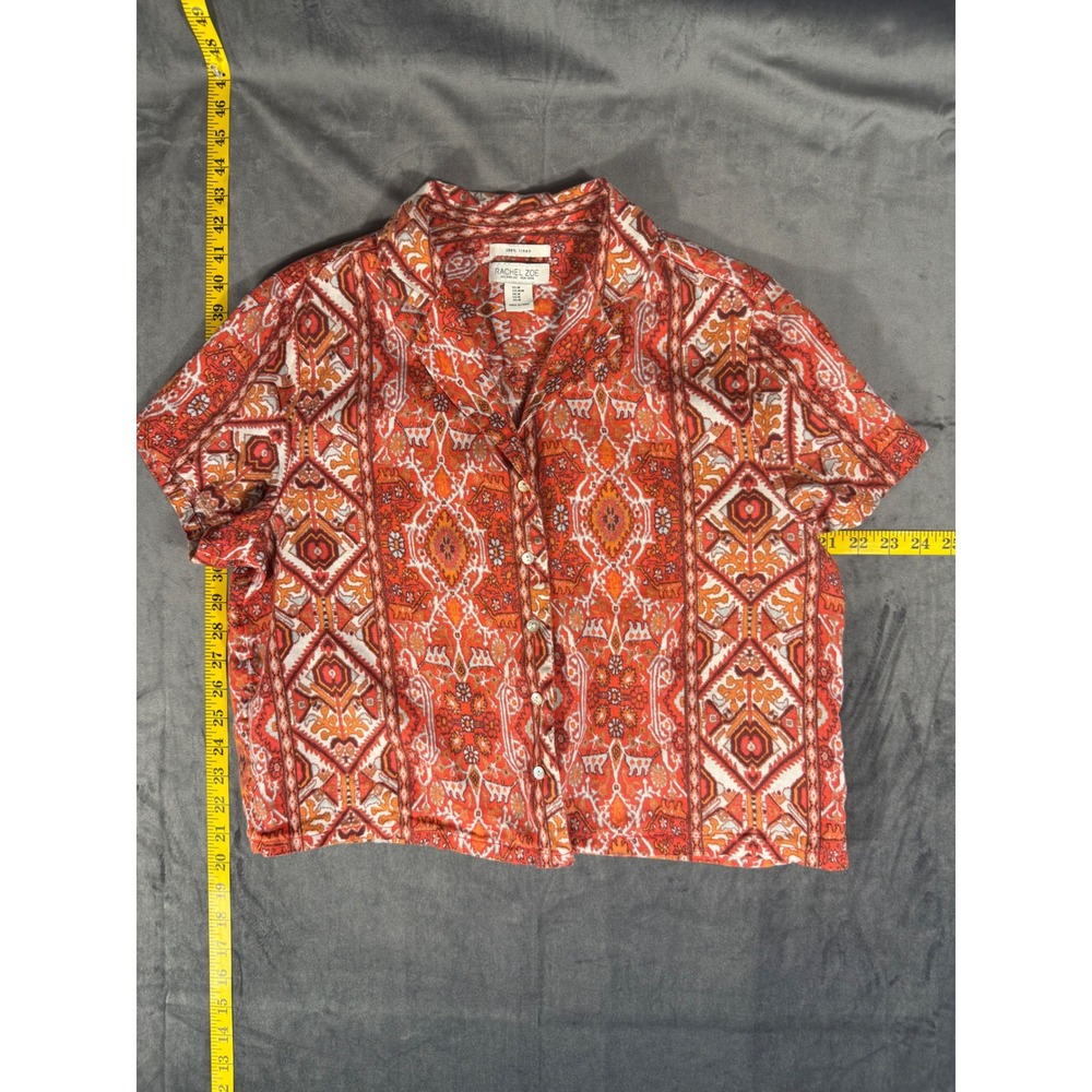 Rachel Zoe 100% Linen Button-Up Medium Chic Orange Geometric Paisley ShortSleeve